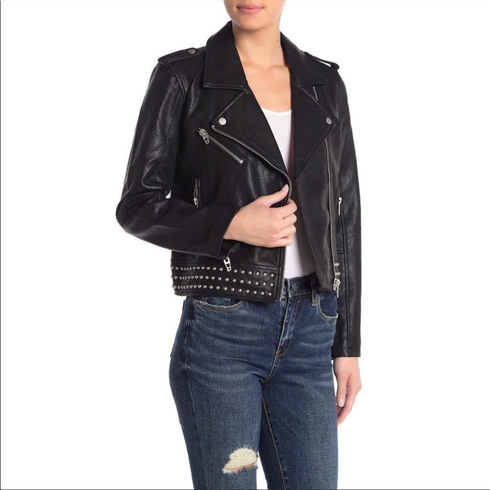 BlankNYC Small Black PU Leather Moto Jacket Studded Zipper Accents